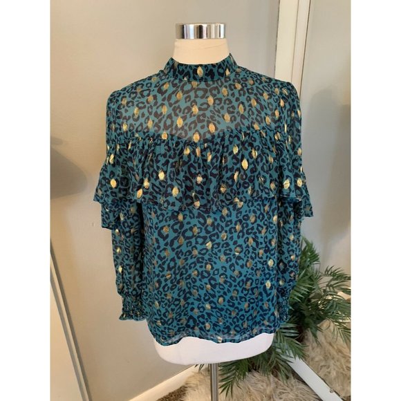 Cheetah Blouse Ruffle High Neck Turquoise Gold S NWT long sleeve animal Print - Picture 2 of 11